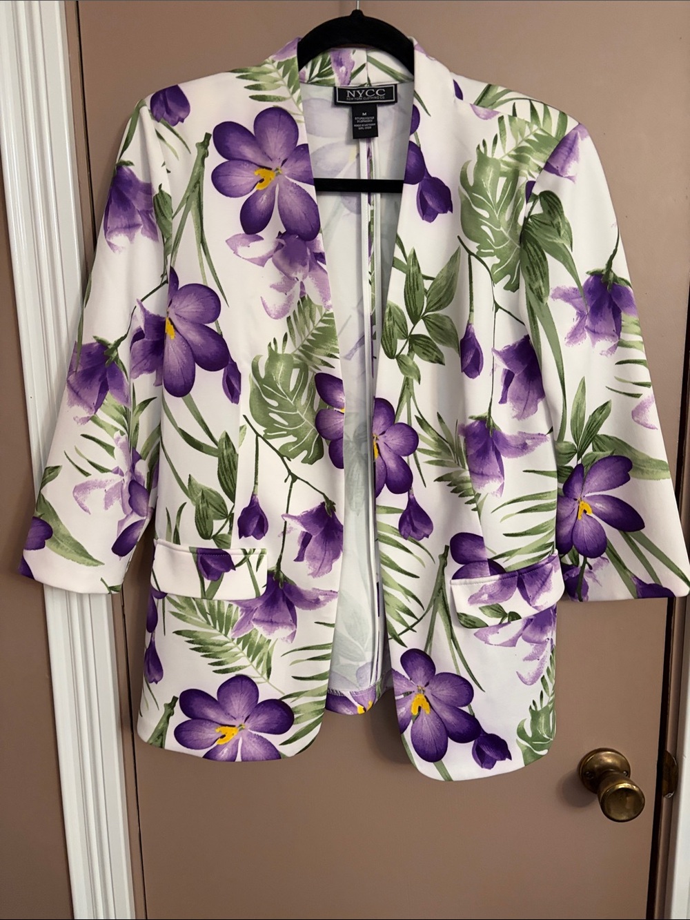 NYC Women's White Floral Blazer with Purple Flowers